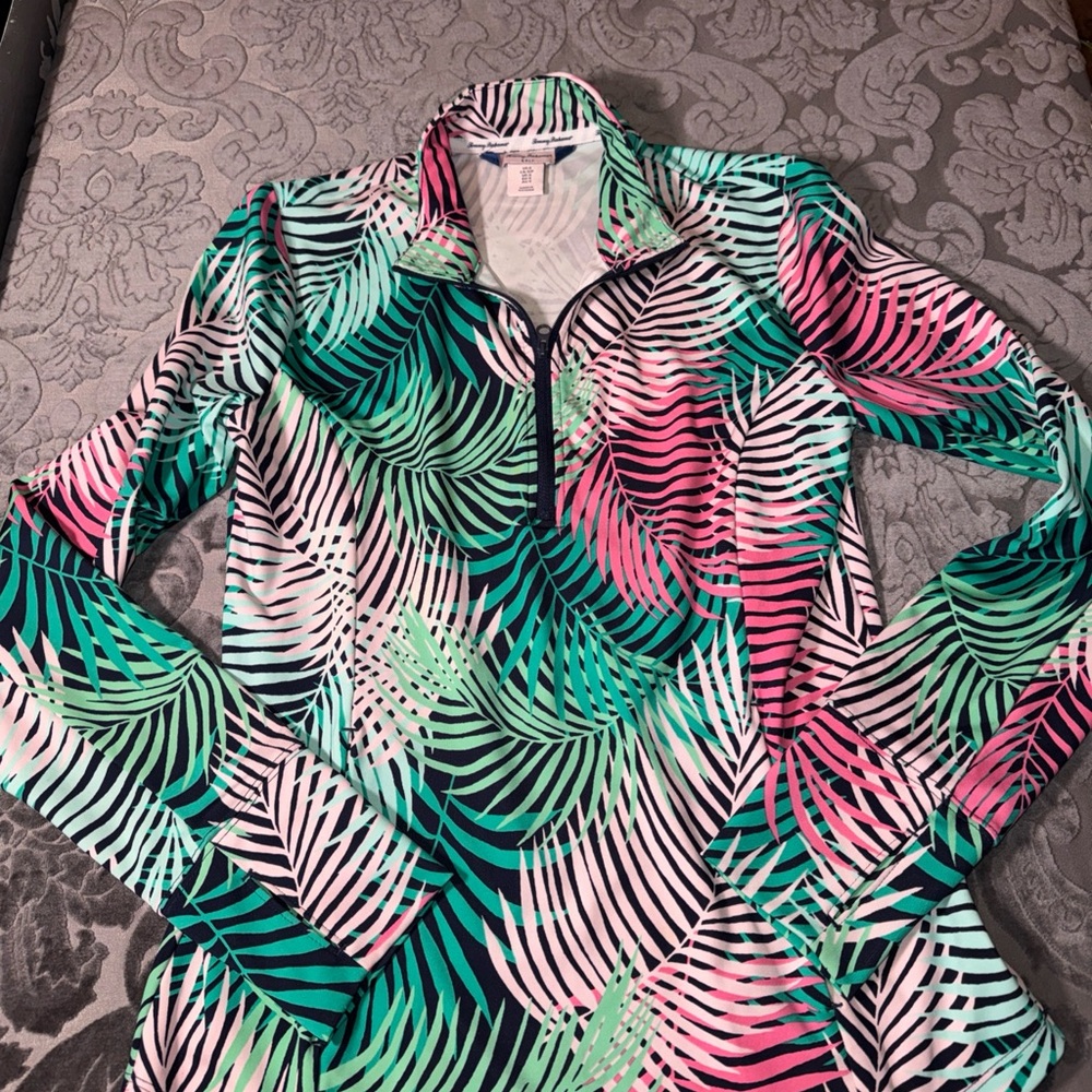 Tommy Bahama Colorful palm Leaf Print Long Sleeve golf Top spf 50 Sz Small - Picture 2 of 12